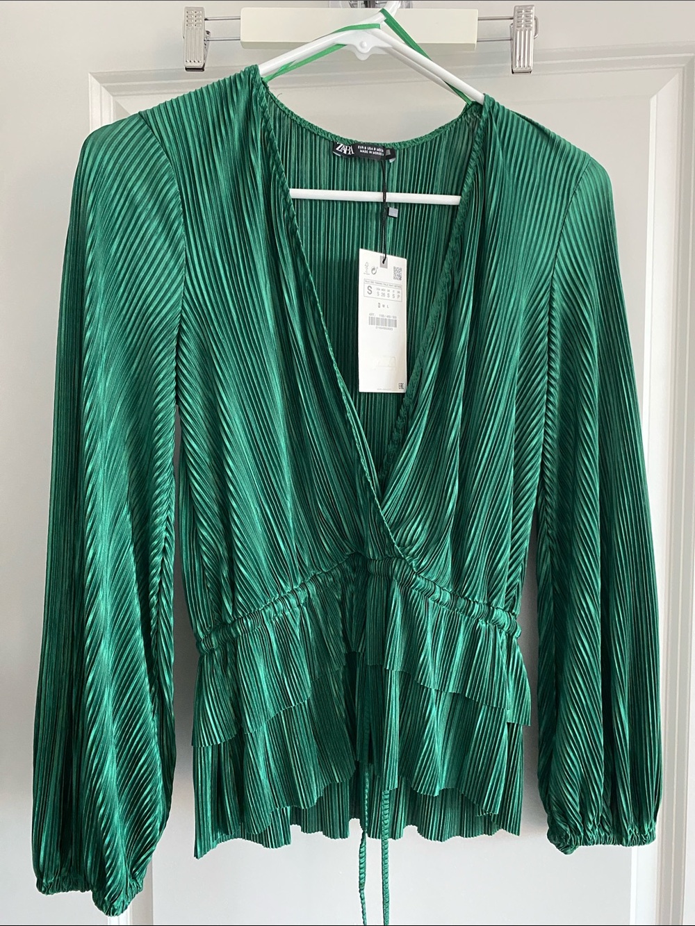 Zara Emerald Green Pleated Ruffle Faux Wrap Top